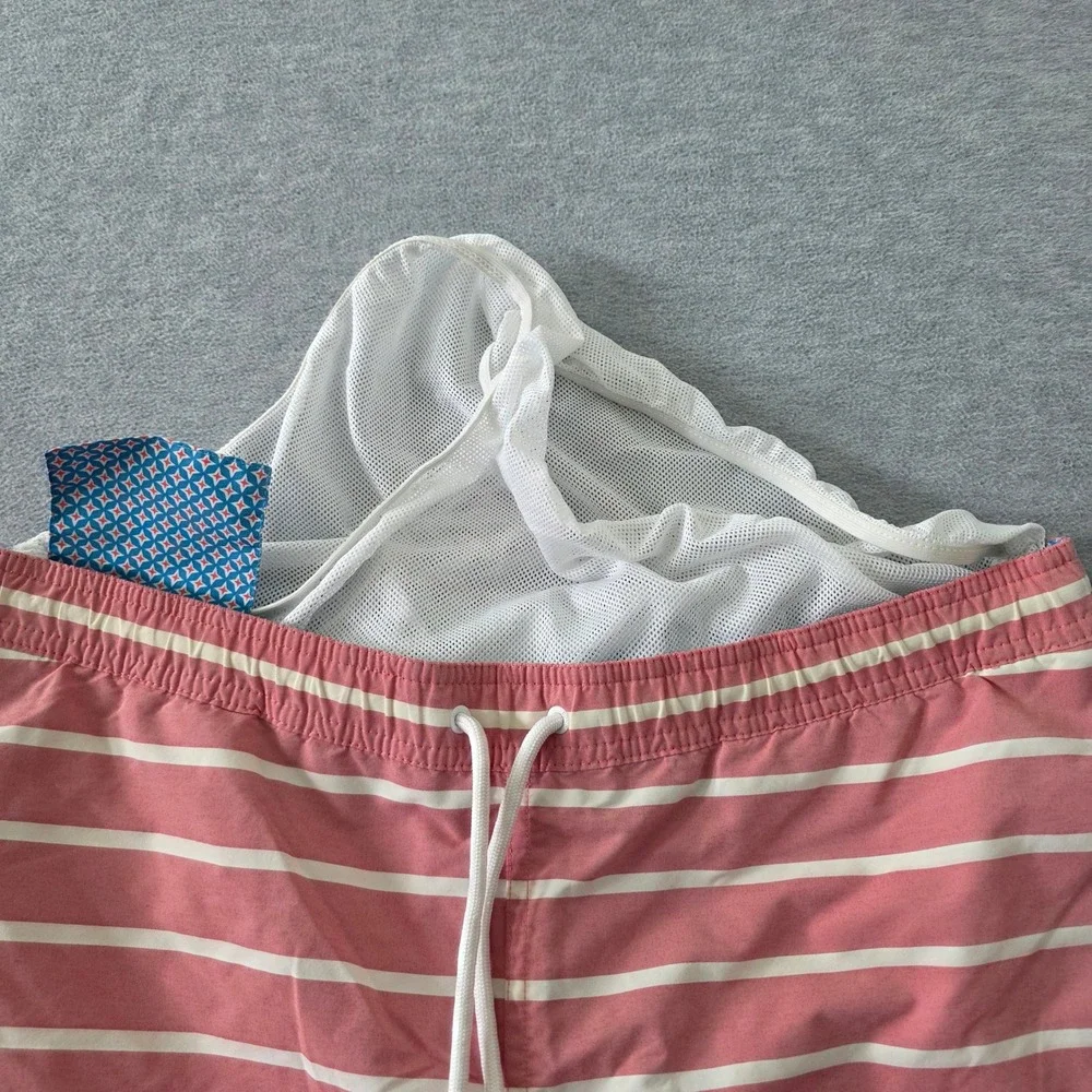 Bonobos Mens Striped Swim Trunks Pink White Drawstring Mesh Lining Small 16426